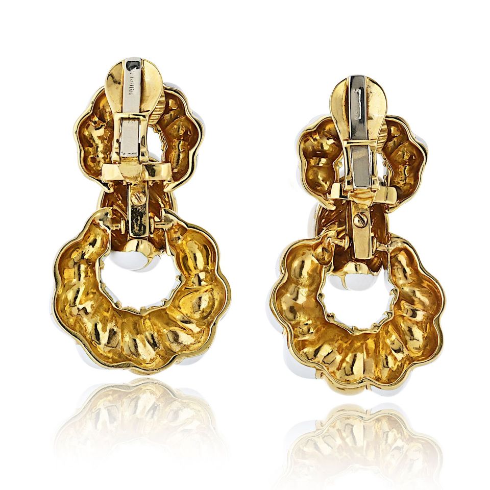 David Webb 18K Yellow Gold White Enamel 1.75 Inches Long Doorknocker Earrings — view 4 — Laura Milman New York