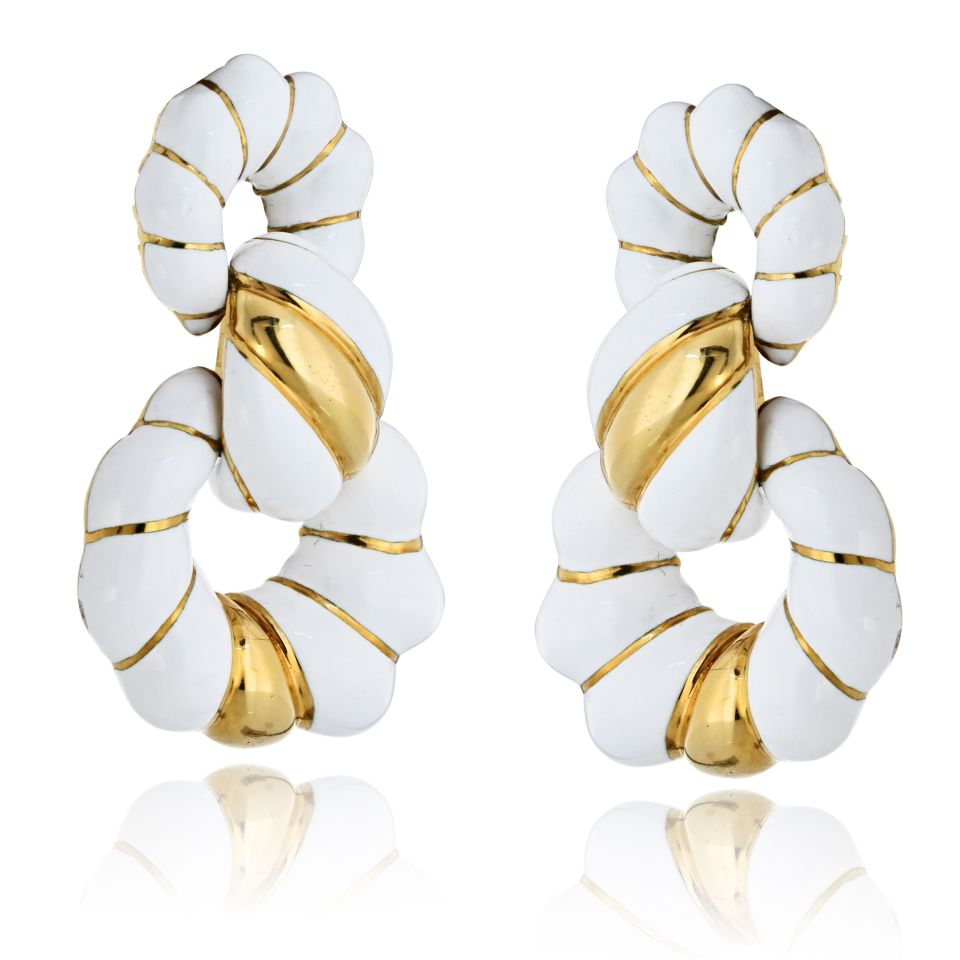 David Webb 18K Yellow Gold White Enamel 1.75 Inches Long Doorknocker Earrings — Laura Milman New York