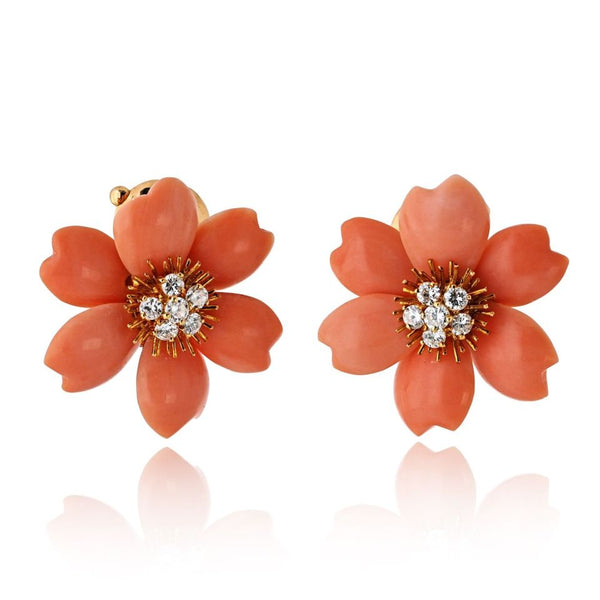 Pre-Owned Van Cleef & Arpels Rose de Noel 18K Yellow Gold 1978 Vintage Clip On Coral Earrings - Van Cleef & Arpels Earrings