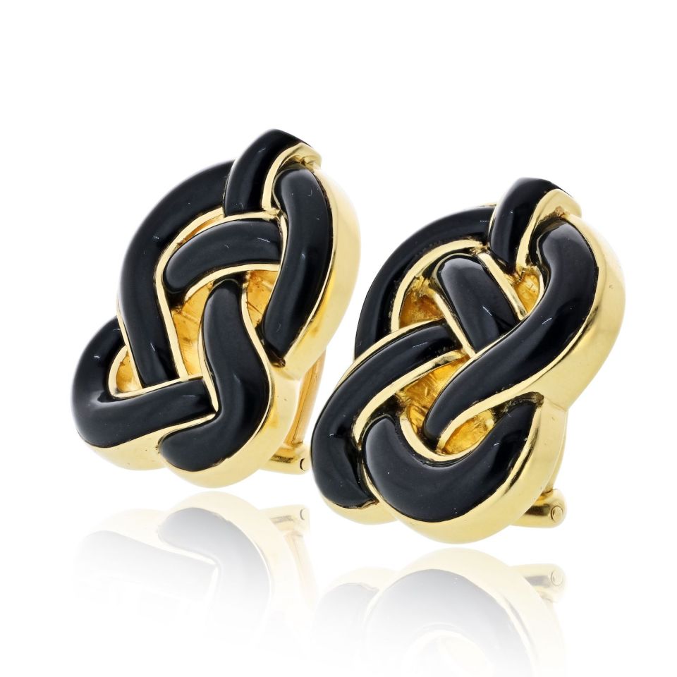 Angela Cummings 18K Yellow Gold Black Onyx Knot Clip Earrings — view 2 — Laura Milman New York