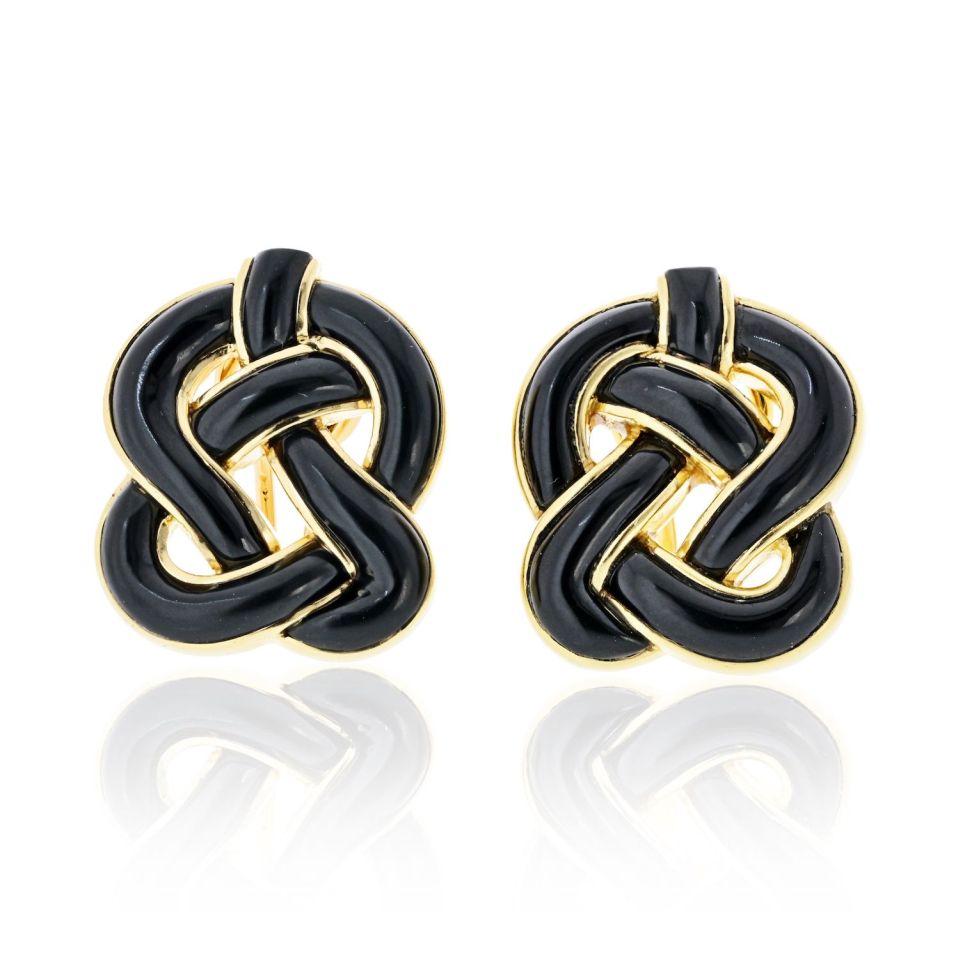 Angela Cummings 18K Yellow Gold Black Onyx Knot Clip Earrings — Laura Milman New York