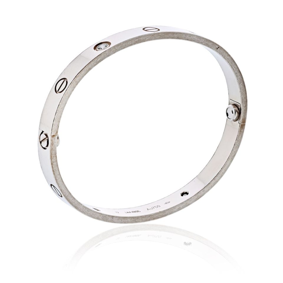 Cartier Love 18K White Gold 4 Diamonds Size 17 With Certificate Bangle Bracelet — view 3 — Laura Milman New York