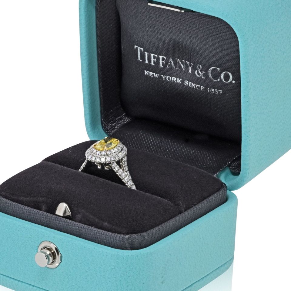 Tiffany & Co. Platinum, 18K Gold Soleste 0.56ct Fancy Vivid Yellow Oval Cut Engagement Ring — view 5 — Laura Milman New York