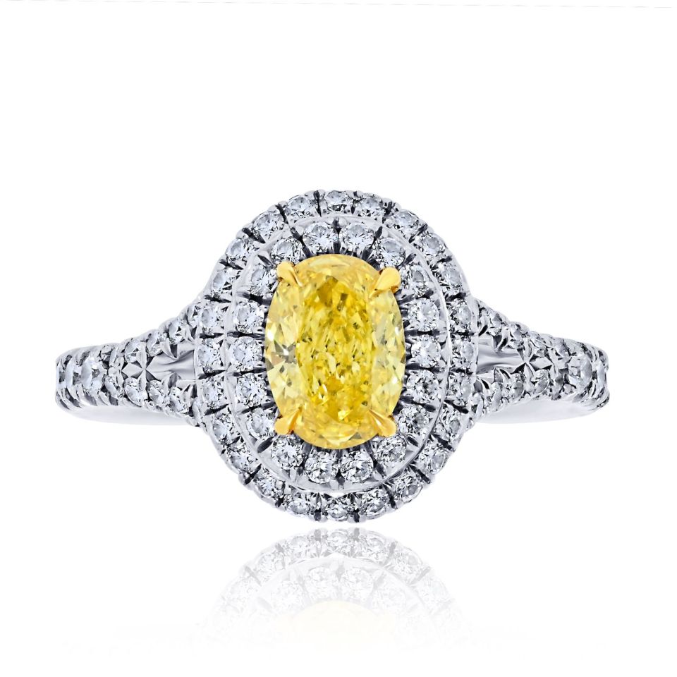 Tiffany & Co. Platinum, 18K Gold Soleste 0.56ct Fancy Vivid Yellow Oval Cut Engagement Ring — Laura Milman New York