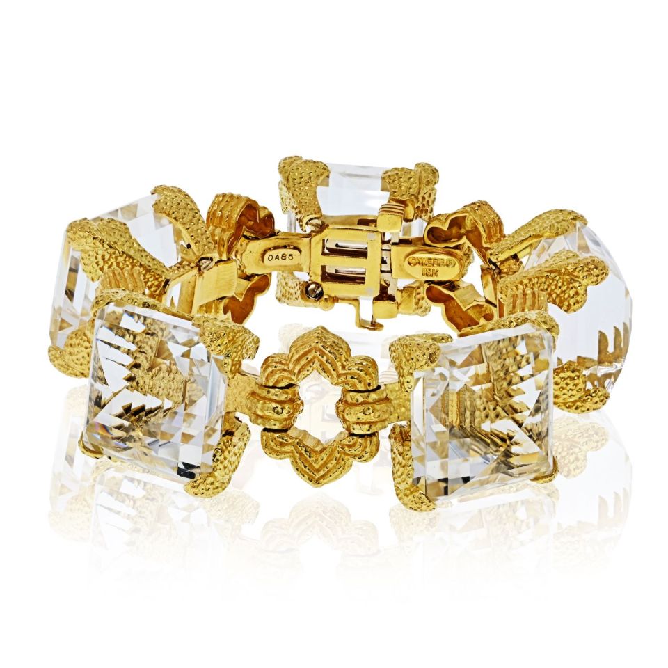 David Webb 18K Yellow Gold Rock Crystal Open Link Bracelet — Laura Milman New York