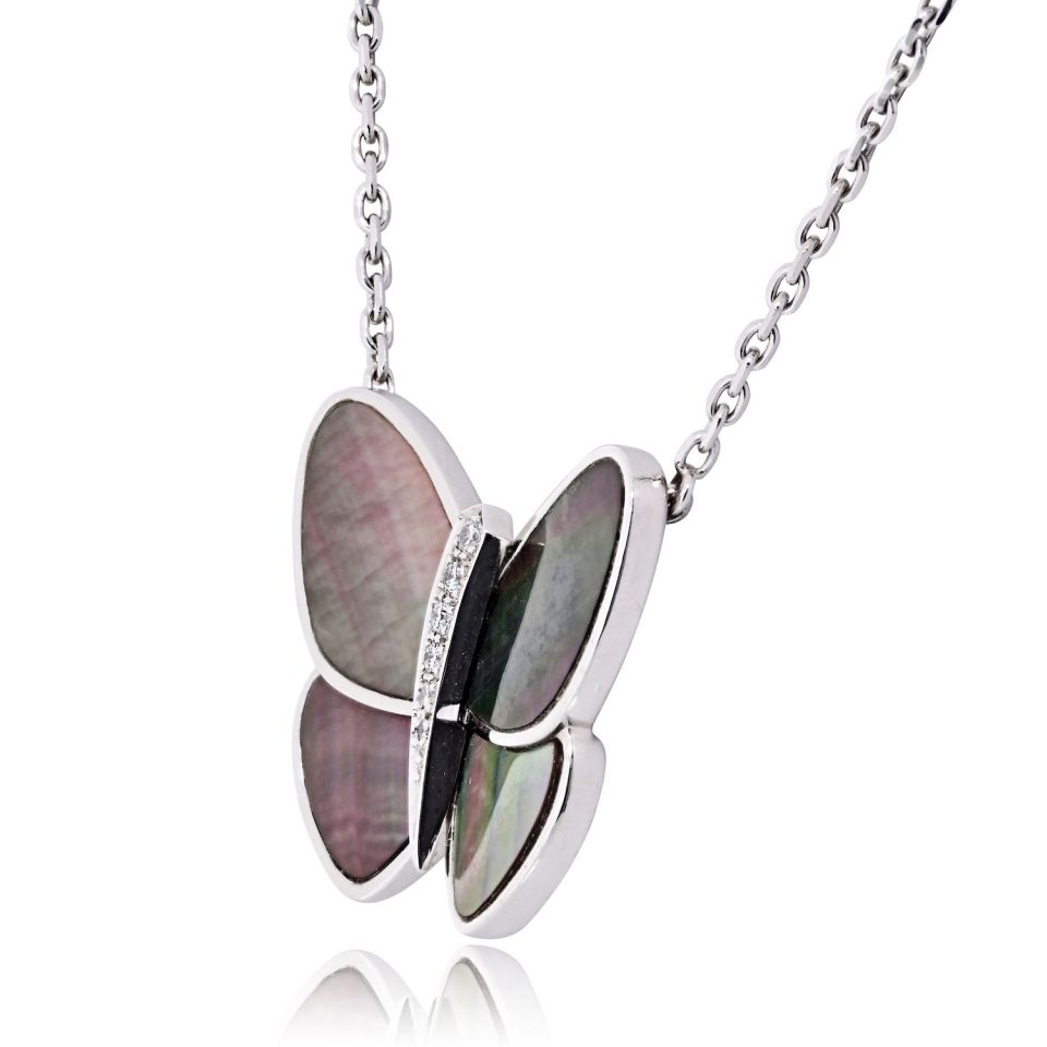 Van Cleef & Arpels 18K White Gold Grey Mother Of Pearl Butterfly Necklace — view 2 — Laura Milman New York
