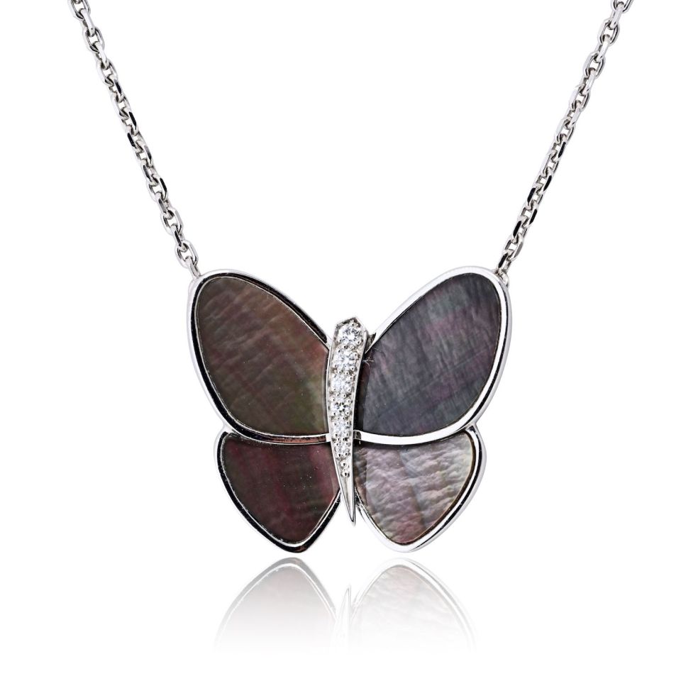 Van Cleef & Arpels 18K White Gold Grey Mother Of Pearl Butterfly Necklace — view 3 — Laura Milman New York