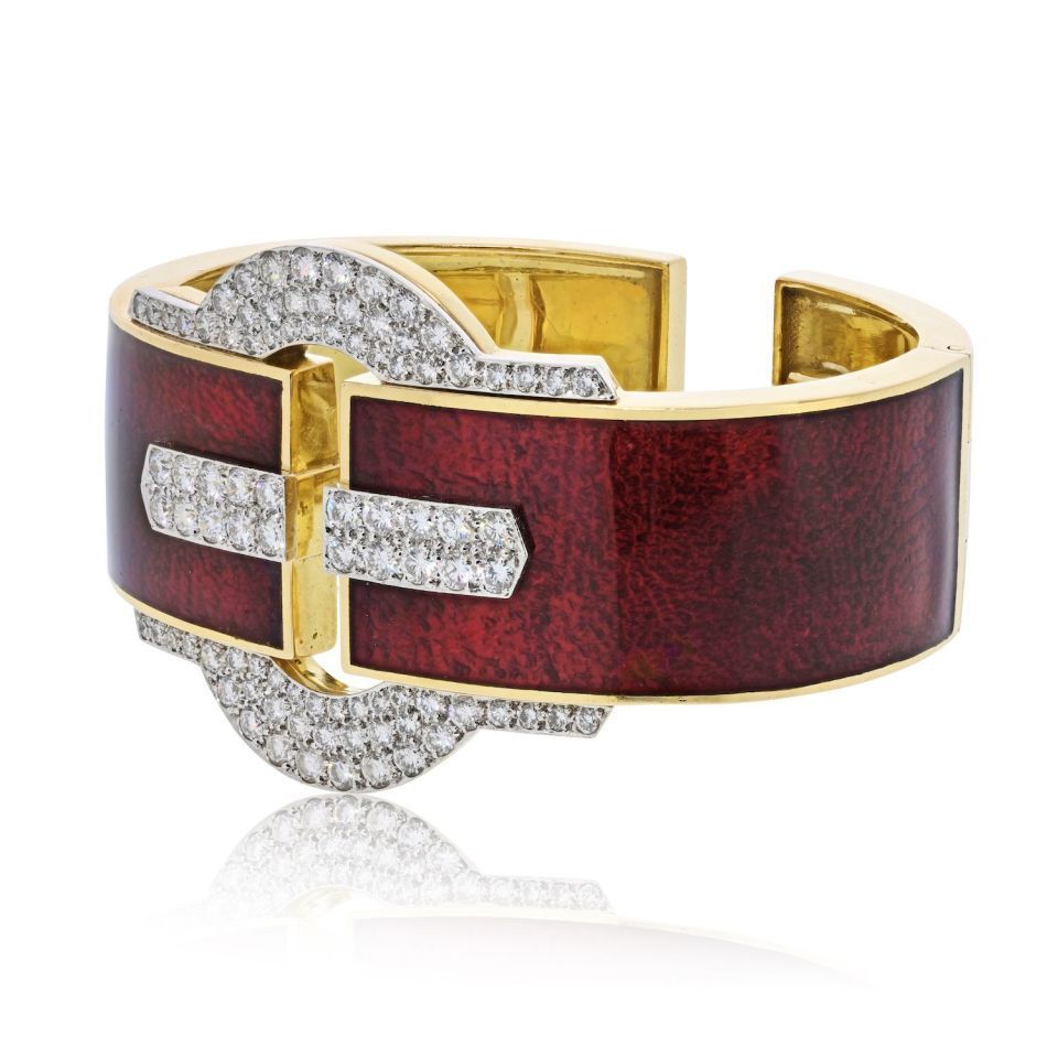 David Webb Platinum & 18K Yellow Gold Buckle Cuff Red Enamel Diamond Bangle Bracelet — view 2 — Laura Milman New York
