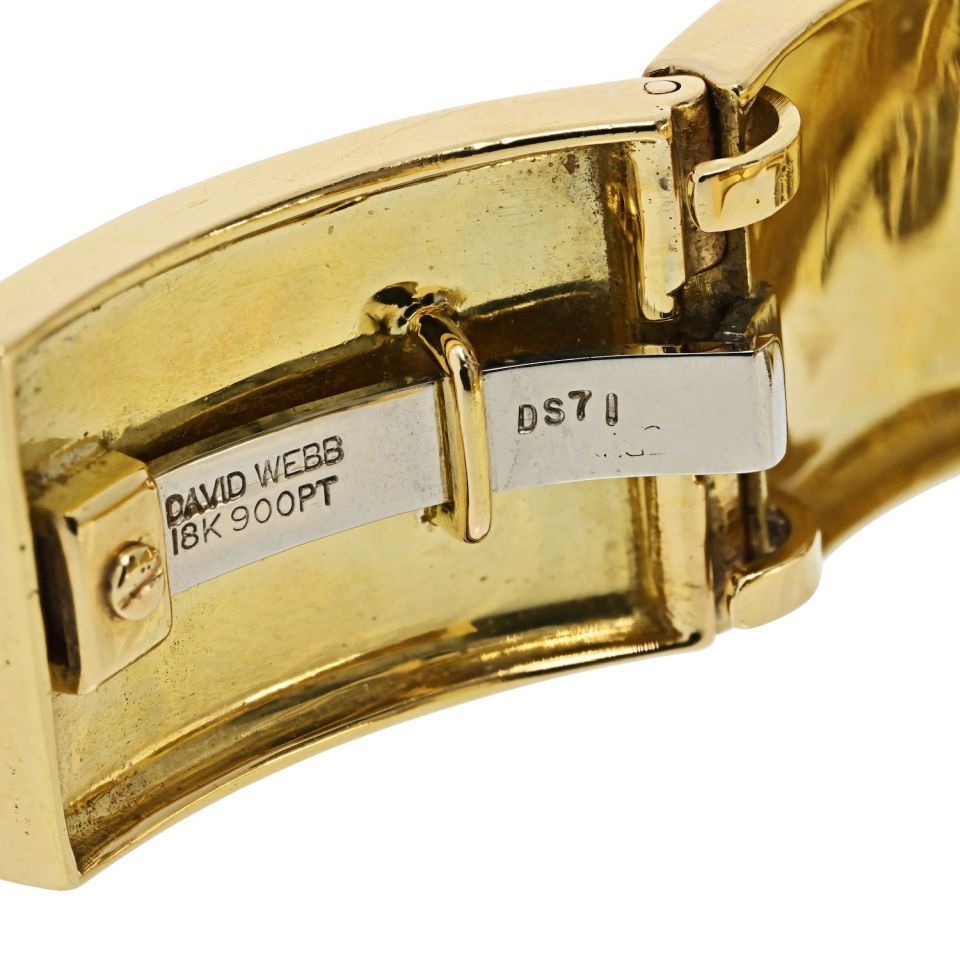 David Webb Platinum & 18K Yellow Gold Buckle Cuff Red Enamel Diamond Bangle Bracelet — view 5 — Laura Milman New York