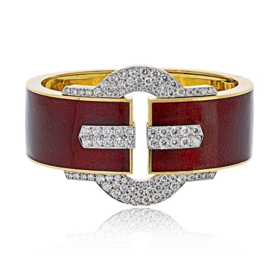 David Webb Platinum & 18K Yellow Gold Buckle Cuff Red Enamel Diamond Bangle Bracelet — Laura Milman New York