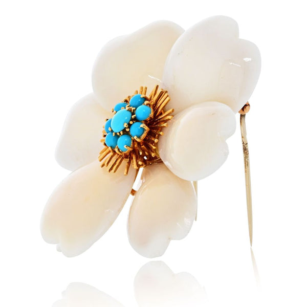 Pre-Owned Van Cleef & Arpels Rose de Noel 18K Yellow Gold Coral And Turquoise Brooch view 2 - Van Cleef & Arpels