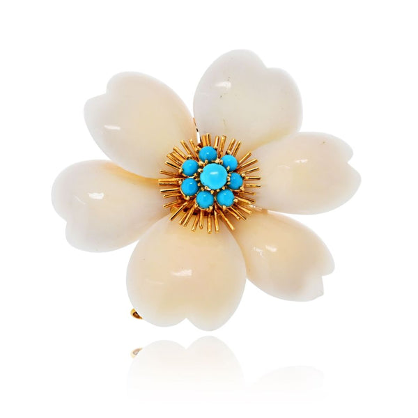 Pre-Owned Van Cleef & Arpels Rose de Noel 18K Yellow Gold Coral And Turquoise Brooch - Van Cleef & Arpels Brooch