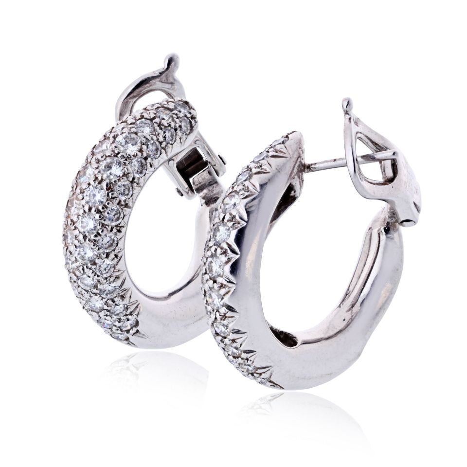 Van Cleef & Arpels Circa 1980's 18K White Gold Pave Diamond Hoop 1.00cttw Earrings — view 2 — Laura Milman New York