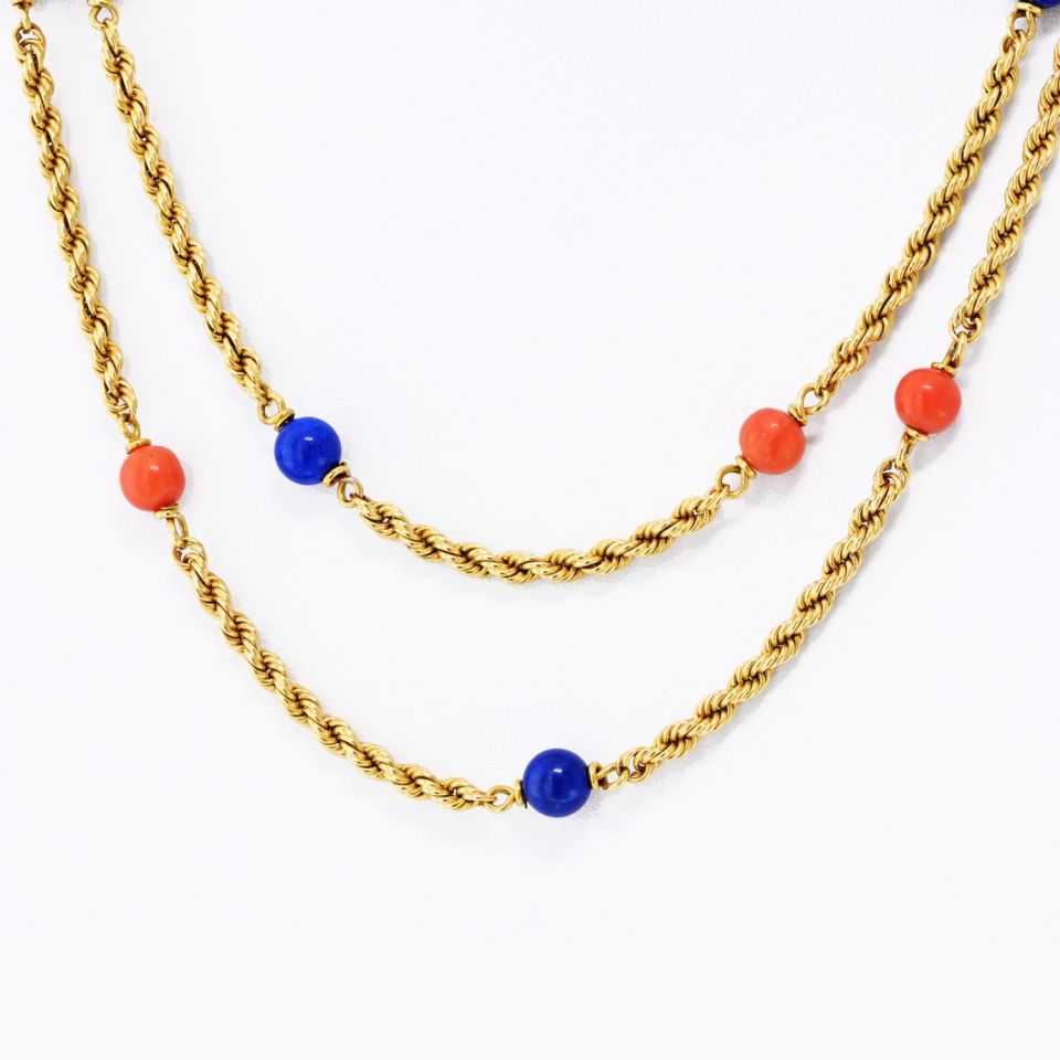 Van Cleef & Arpels 18K Yellow Gold Lapis And Coral 33 Inch Necklace — view 3 — Laura Milman New York