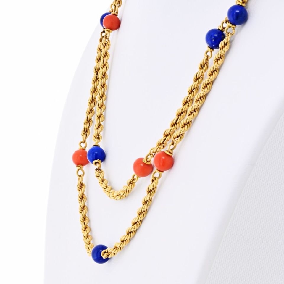 Van Cleef & Arpels 18K Yellow Gold Lapis And Coral 33 Inch Necklace — view 4 — Laura Milman New York