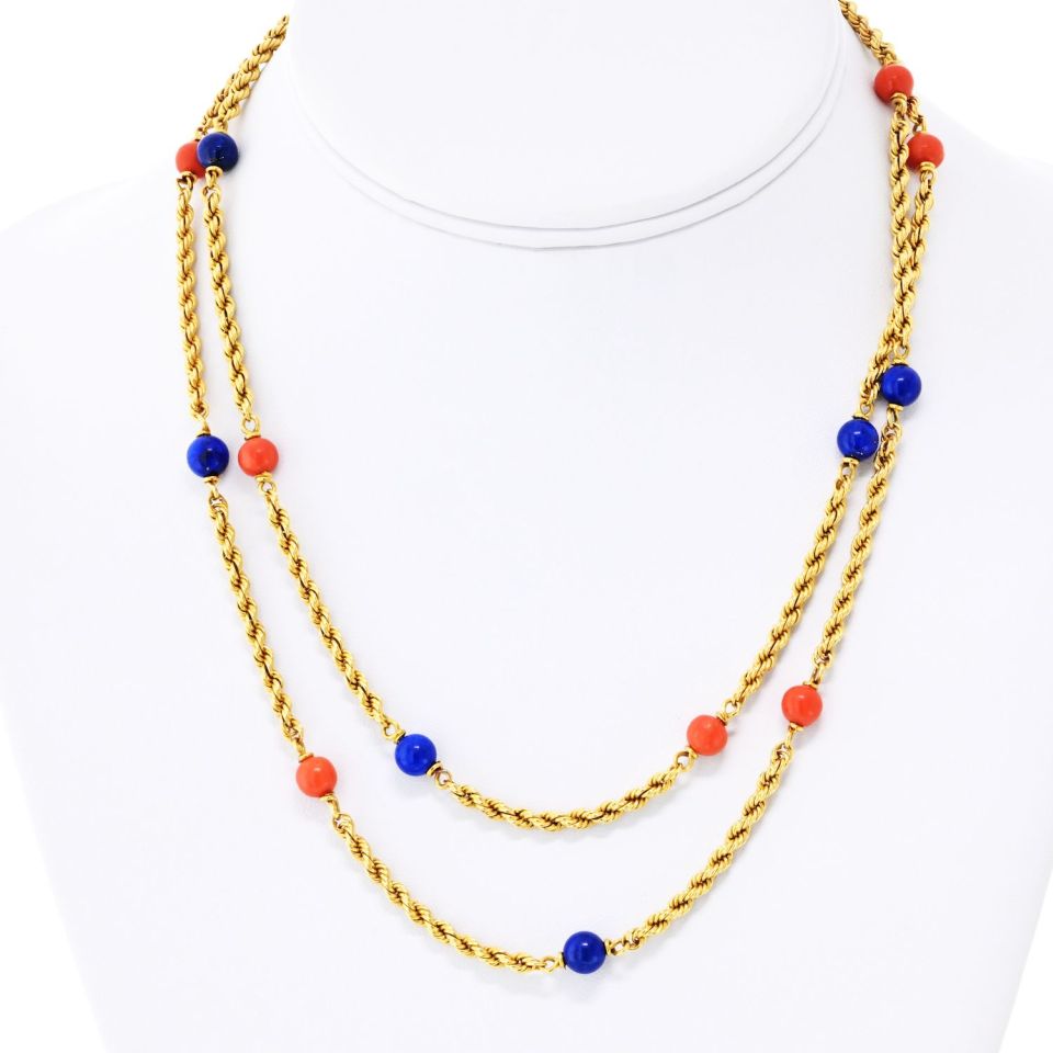 Van Cleef & Arpels 18K Yellow Gold Lapis And Coral 33 Inch Necklace — Laura Milman New York