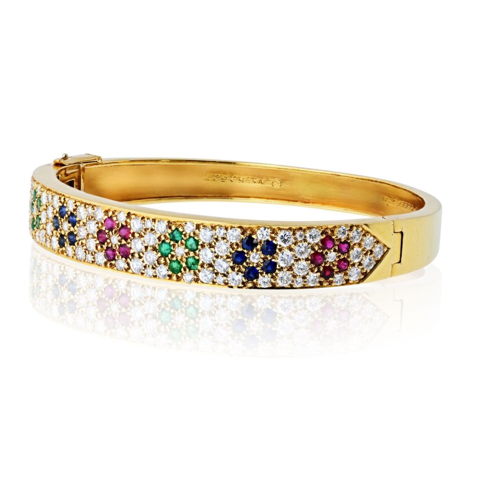 Van Cleef & Arpels 18K Yellow Gold Diamond And Multi Gem Flower Motif Bangle Bracelet — view 2 — Laura Milman New York