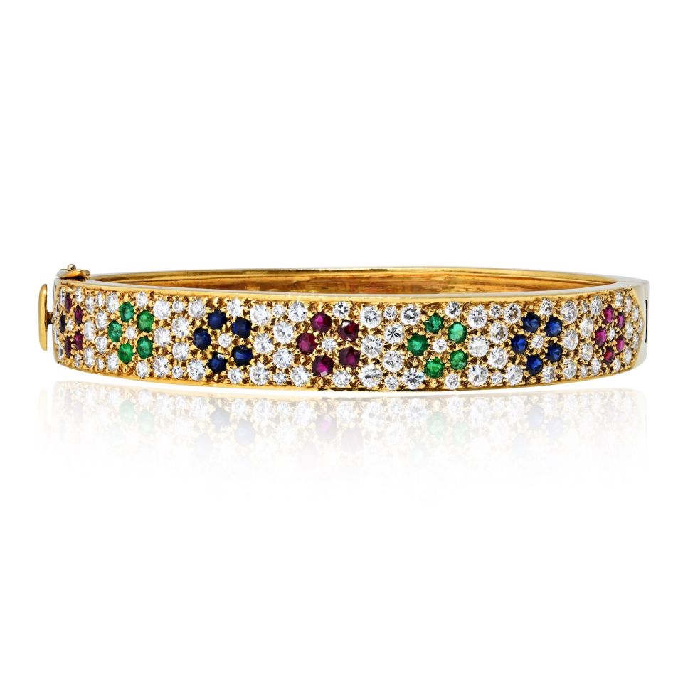 Van Cleef & Arpels 18K Yellow Gold Diamond And Multi Gem Flower Motif Bangle Bracelet — Laura Milman New York