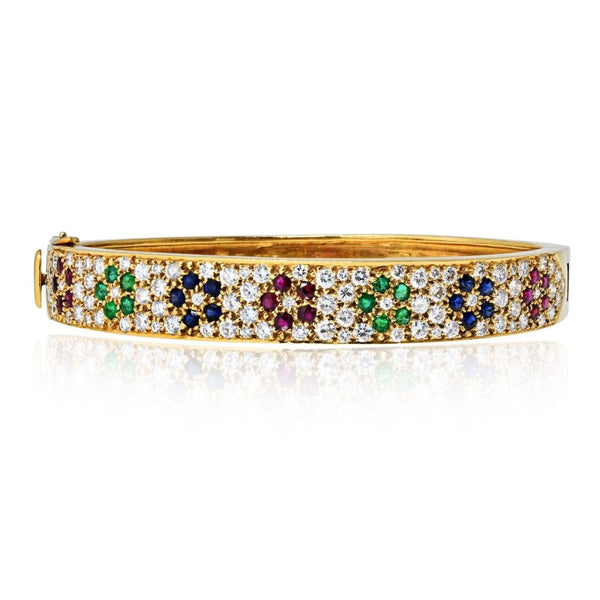 Van Cleef & Arpels 18K Yellow Gold Diamond And Multi Gem Flower Motif Bangle Bracelet