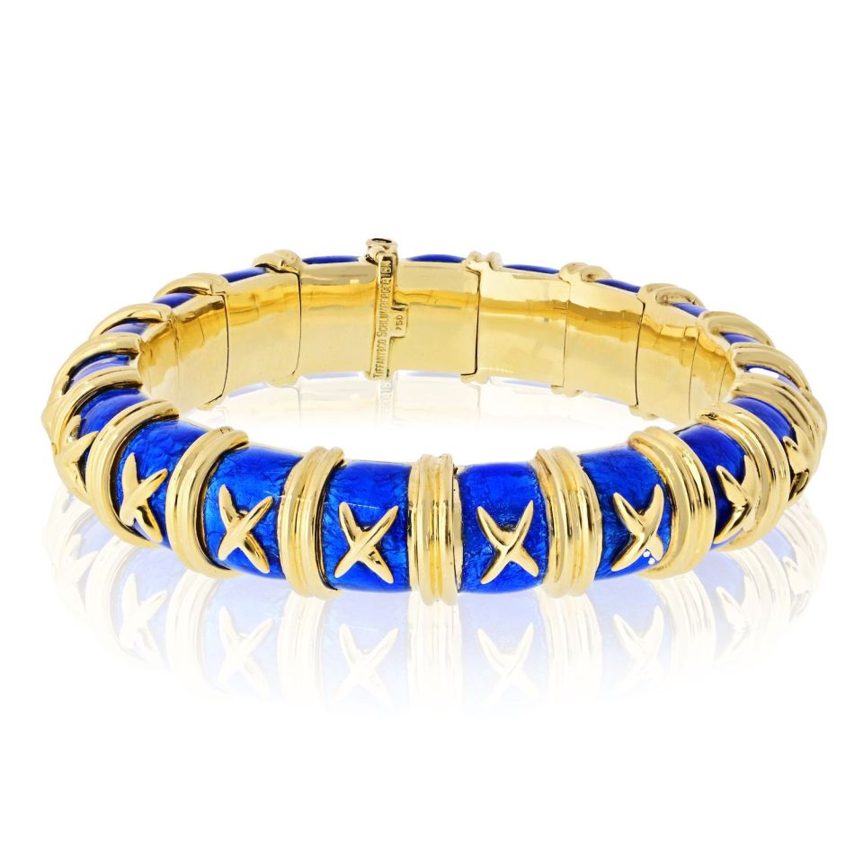 Tiffany & Co. Schlumberger 18K Yellow Gold Croisillon Blue Enamel Bangle Bracelet — view 2 — Laura Milman New York