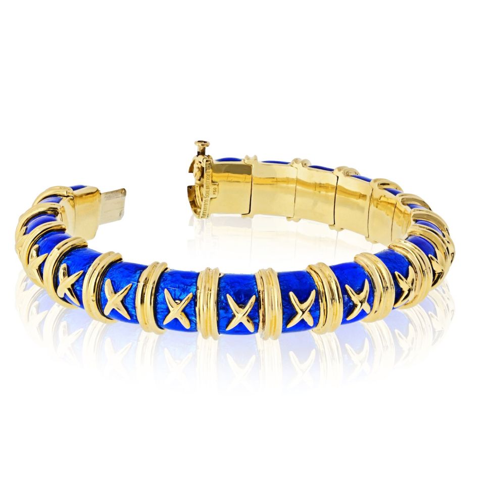 Tiffany & Co. Schlumberger 18K Yellow Gold Croisillon Blue Enamel Bangle Bracelet — view 3 — Laura Milman New York
