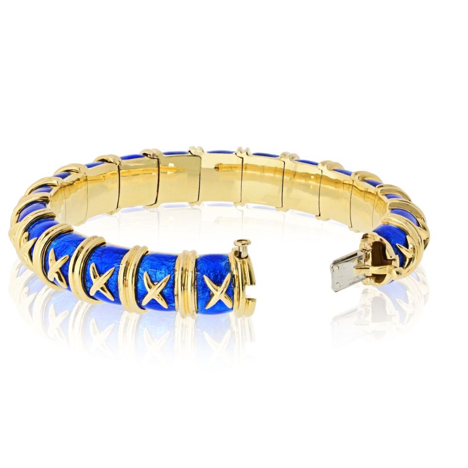 Tiffany & Co. Schlumberger 18K Yellow Gold Croisillon Blue Enamel Bangle Bracelet — view 4 — Laura Milman New York