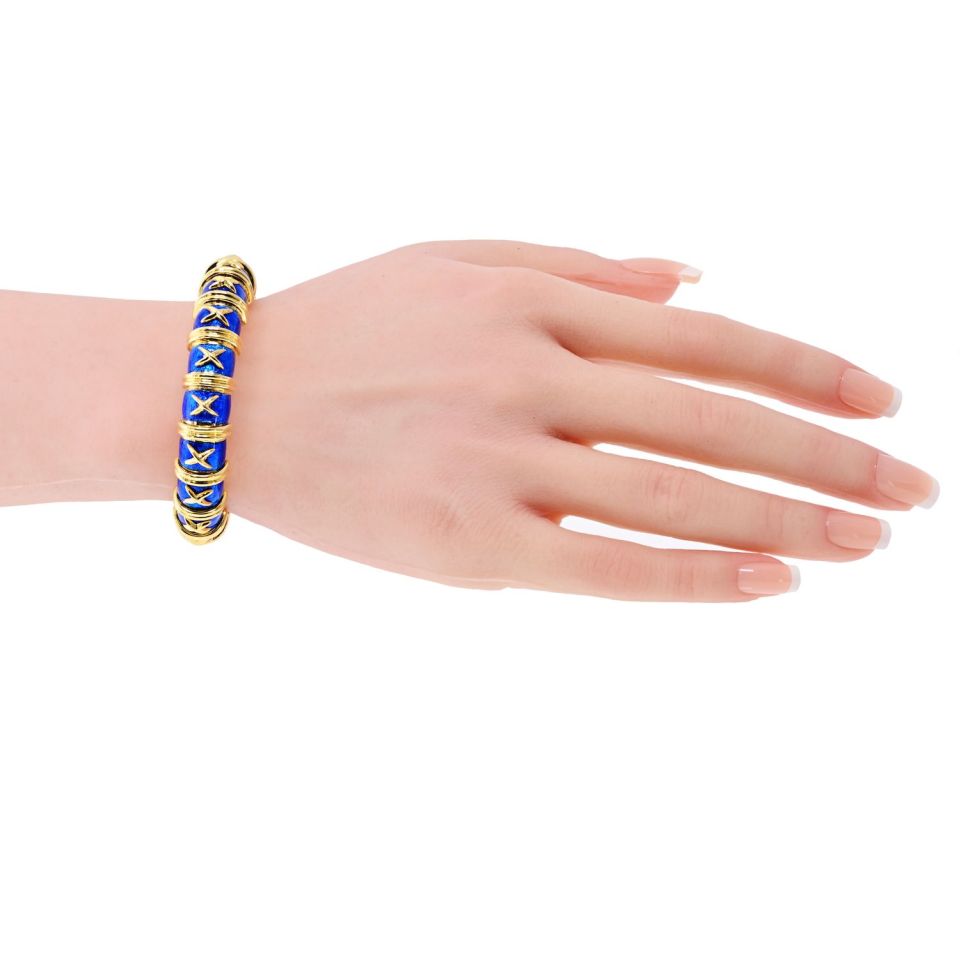 Tiffany & Co. Schlumberger 18K Yellow Gold Croisillon Blue Enamel Bangle Bracelet — view 5 — Laura Milman New York