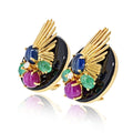Pre-Owned Seaman Schepps 18K Yellow Gold Onyx, Ruby, Sapphire, Emerald Clip Fan Style Earrings view 2 - Seaman Schepps