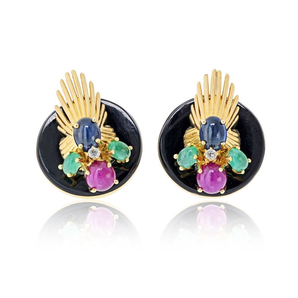 Pre-Owned Seaman Schepps 18K Yellow Gold Onyx, Ruby, Sapphire, Emerald Clip Fan Style Earrings - Seaman Schepps Earrings