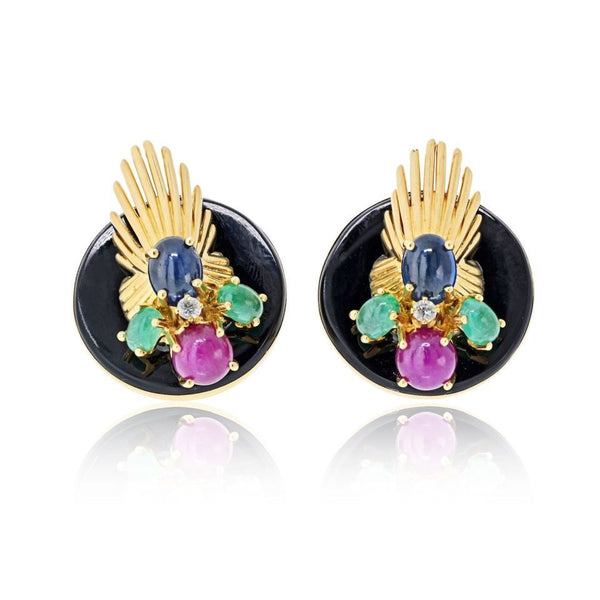 Pre-Owned Seaman Schepps 18K Yellow Gold Onyx, Ruby, Sapphire, Emerald Clip Fan Style Earrings - Seaman Schepps Earrings
