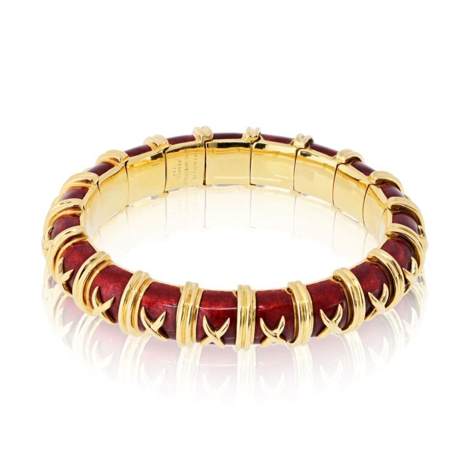 Tiffany & Co. Schlumberger 18K Yellow Gold Vintage Croisillon Red Enamel Bracelet — view 2 — Laura Milman New York