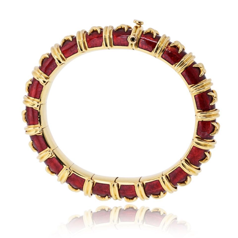 Tiffany & Co. Schlumberger 18K Yellow Gold Vintage Croisillon Red Enamel Bracelet — view 4 — Laura Milman New York