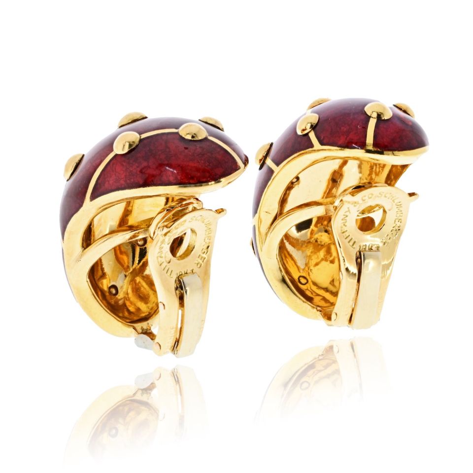 Tiffany & Co. Schlumberger 18K Yellow Gold Red Enamel Banana Earrings — view 3 — Laura Milman New York