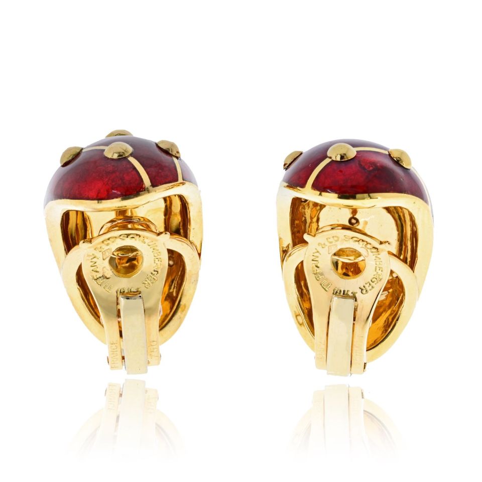 Tiffany & Co. Schlumberger 18K Yellow Gold Red Enamel Banana Earrings — view 4 — Laura Milman New York