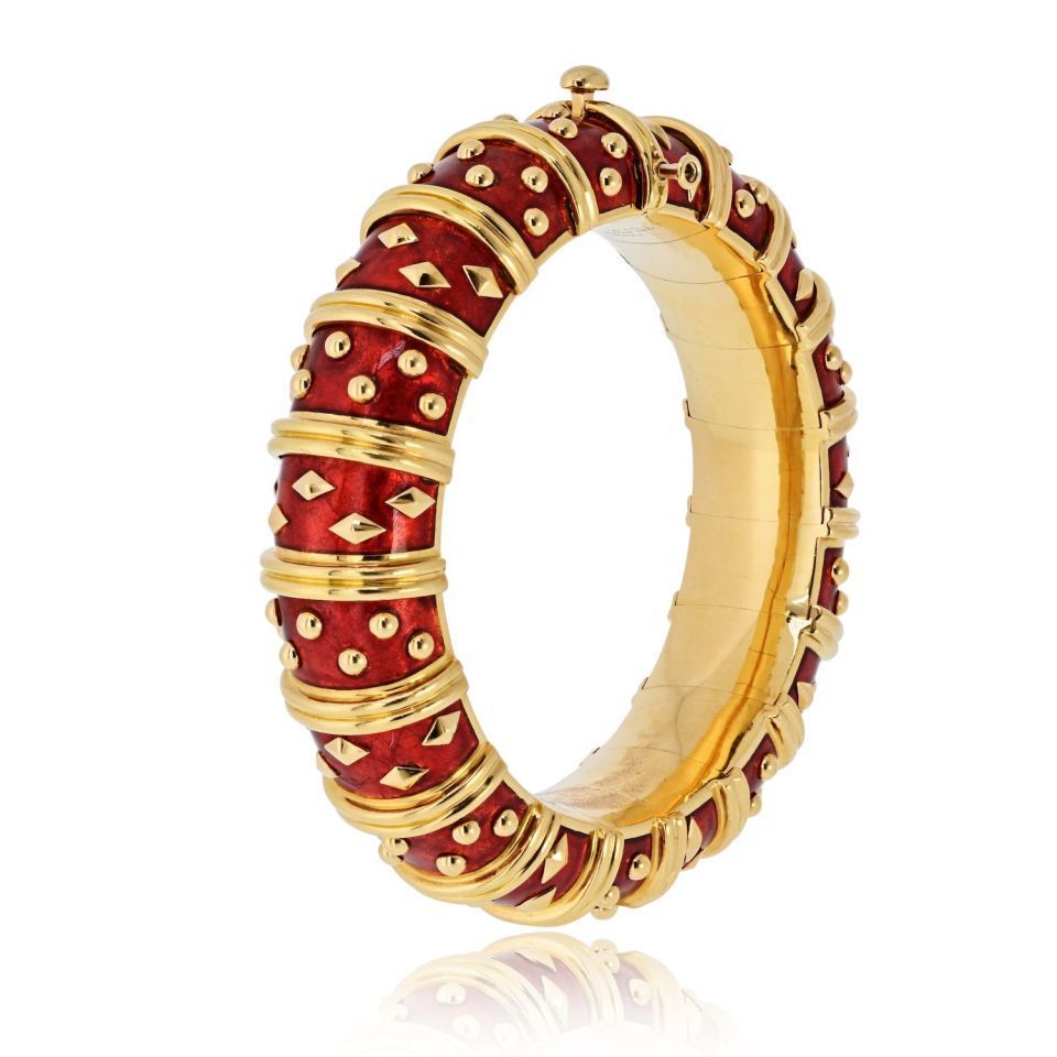 Tiffany & Co. Schlumberger 18K Yellow Gold Dot Losange Red Enamel Bangle Bracelet — view 3 — Laura Milman New York