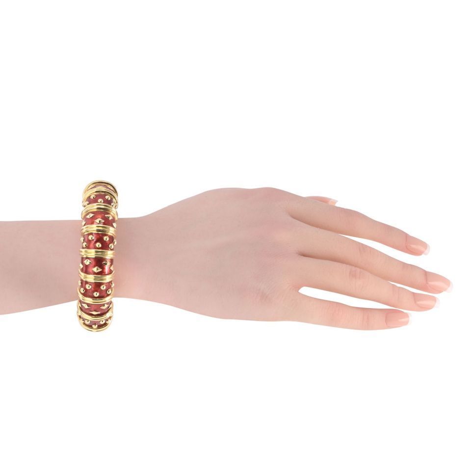 Tiffany & Co. Schlumberger 18K Yellow Gold Dot Losange Red Enamel Bangle Bracelet — view 5 — Laura Milman New York