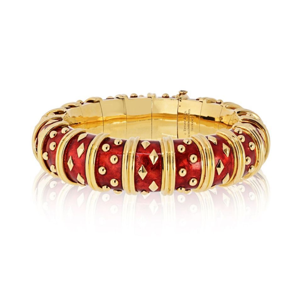 Tiffany & Co. Schlumberger 18K Yellow Gold Dot Losange Red Enamel Bangle Bracelet — Laura Milman New York