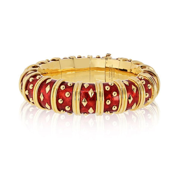 Tiffany & Co. Schlumberger 18K Yellow Gold Dot Losange Red Enamel Bangle Bracelet