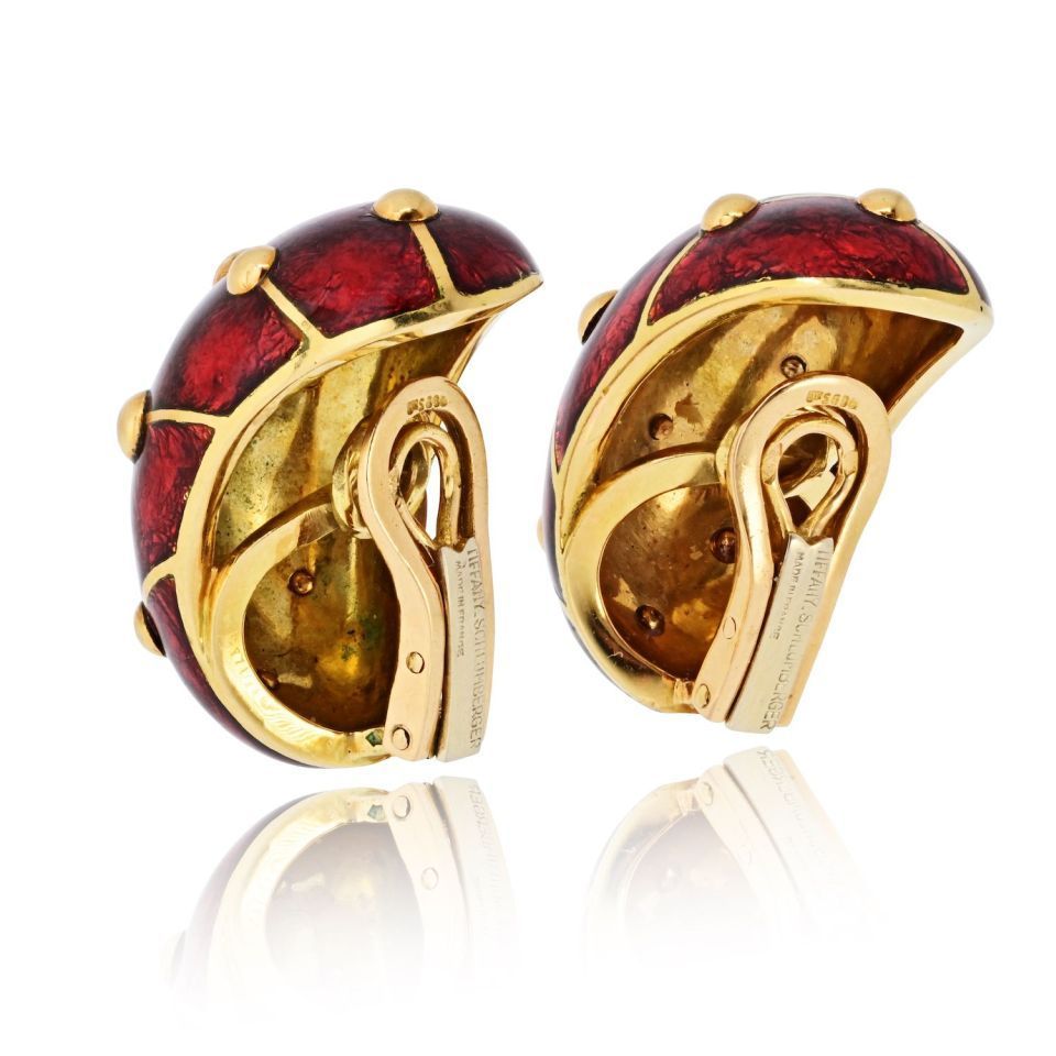 Tiffany & Co. Schlumberger 18K Yellow Gold Red Enamel Diamond Banana Earrings — view 3 — Laura Milman New York