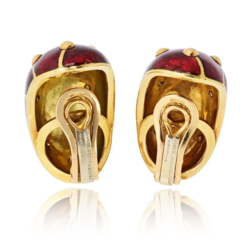 Tiffany & Co. Schlumberger 18K Yellow Gold Red Enamel Diamond Banana Earrings — view 4 — Laura Milman New York