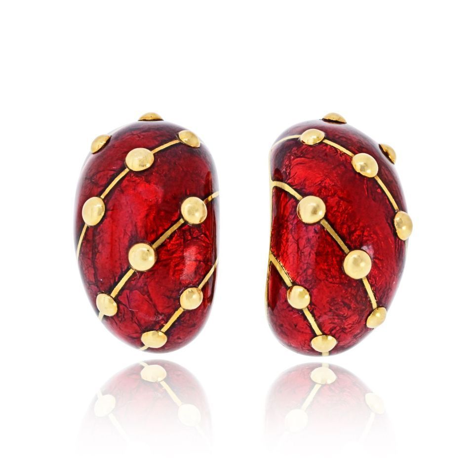 Tiffany & Co. Schlumberger 18K Yellow Gold Red Enamel Diamond Banana Earrings — Laura Milman New York