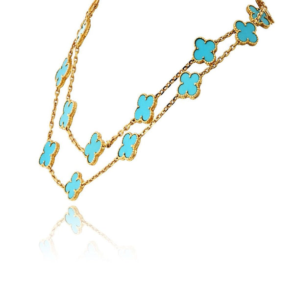 Pre-Owned Van Cleef & Arpels Alhambra 18K Yellow Gold Vintage Turquoise 20 Motif Necklace view 2 - Van Cleef & Arpels