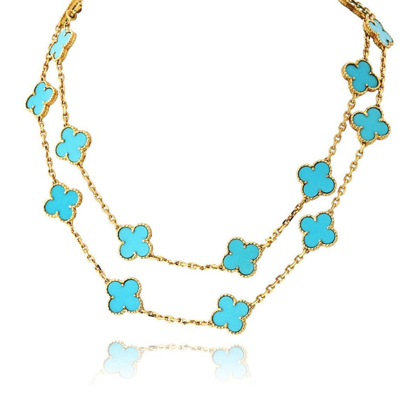 Pre-Owned Van Cleef & Arpels Alhambra 18K Yellow Gold Vintage Turquoise 20 Motif Necklace - Van Cleef & Arpels Necklace