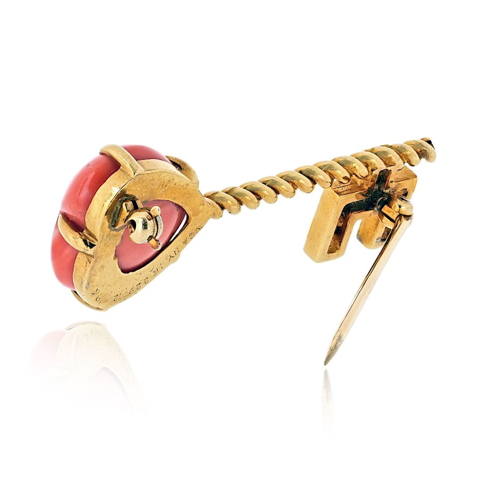Van Cleef & Arpels 18K Yellow Gold Coral Hear Key Brooch — view 3 — Laura Milman New York