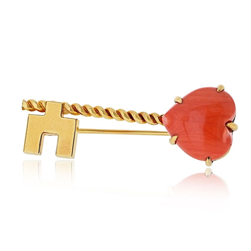 Van Cleef & Arpels 18K Yellow Gold Coral Hear Key Brooch — Laura Milman New York