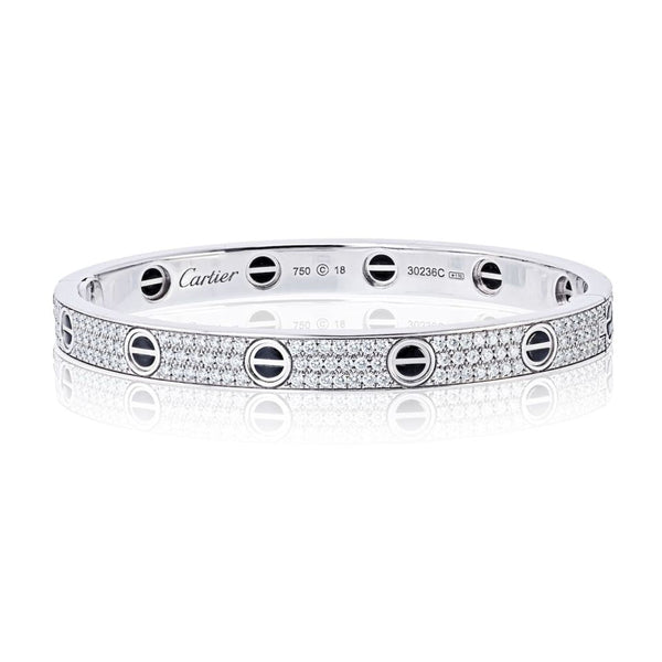 Cartier 18K White Gold Love All Diamond Pave Black Ceramic Size 18 With Cert Bracelet