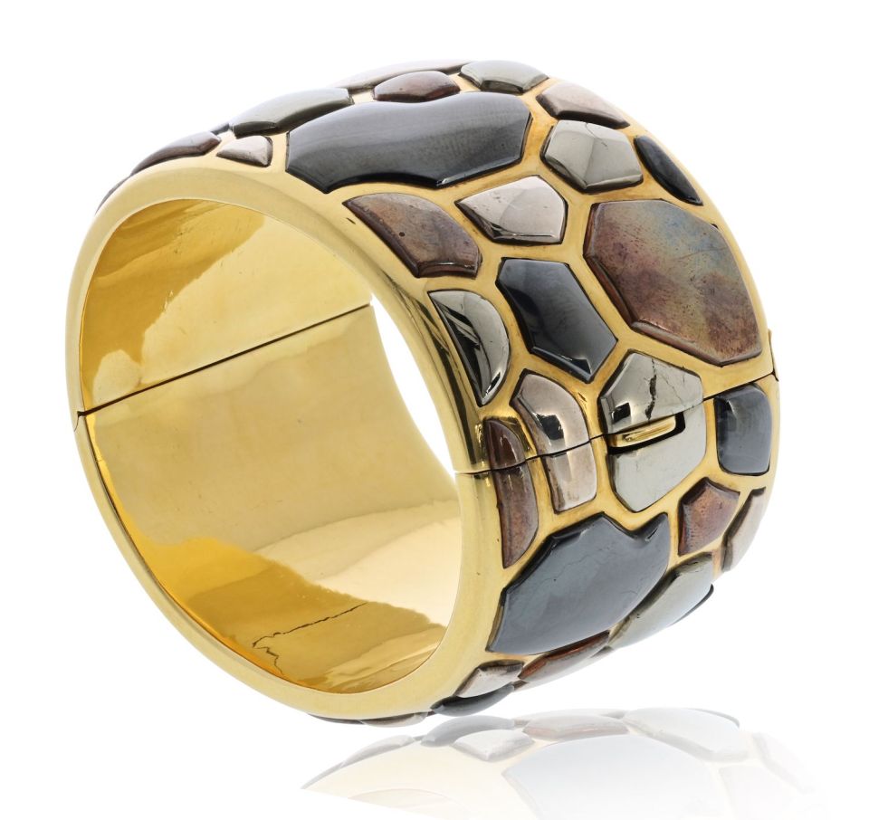Tiffany & Co. 18K Yellow Gold Angela Cummings 1981 Silver Inlay Bangle Bracelet — view 2 — Laura Milman New York