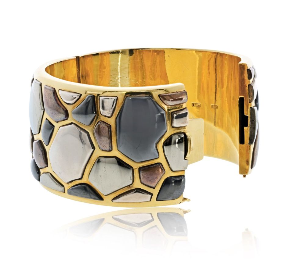 Tiffany & Co. 18K Yellow Gold Angela Cummings 1981 Silver Inlay Bangle Bracelet — view 3 — Laura Milman New York