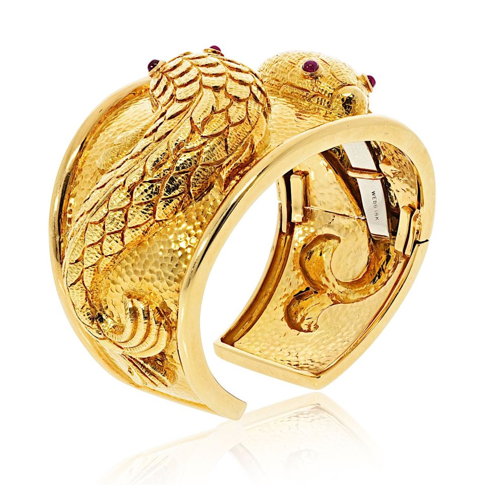 David Webb 18K Yellow Gold Double Fish With Ruby Eyes Bracelet — view 2 — Laura Milman New York
