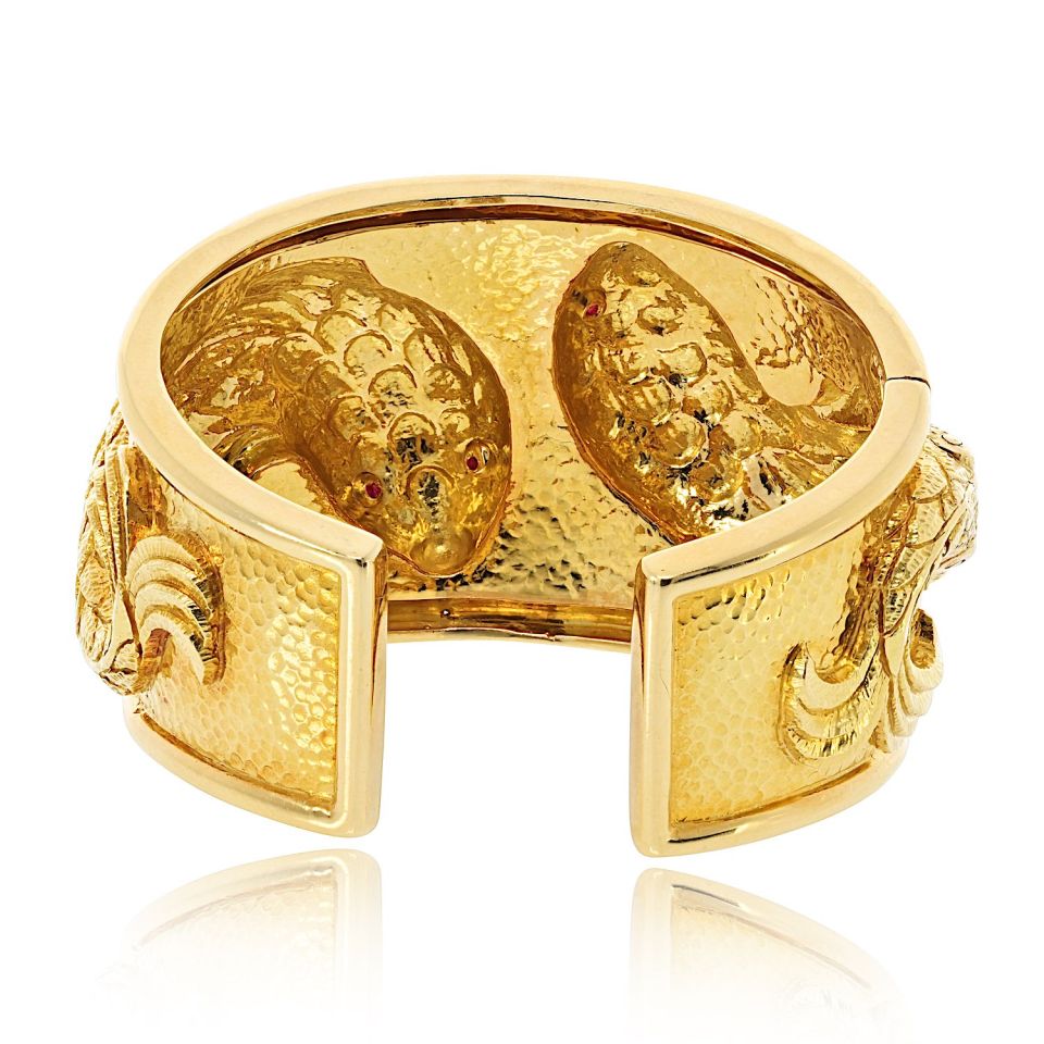 David Webb 18K Yellow Gold Double Fish With Ruby Eyes Bracelet — view 4 — Laura Milman New York